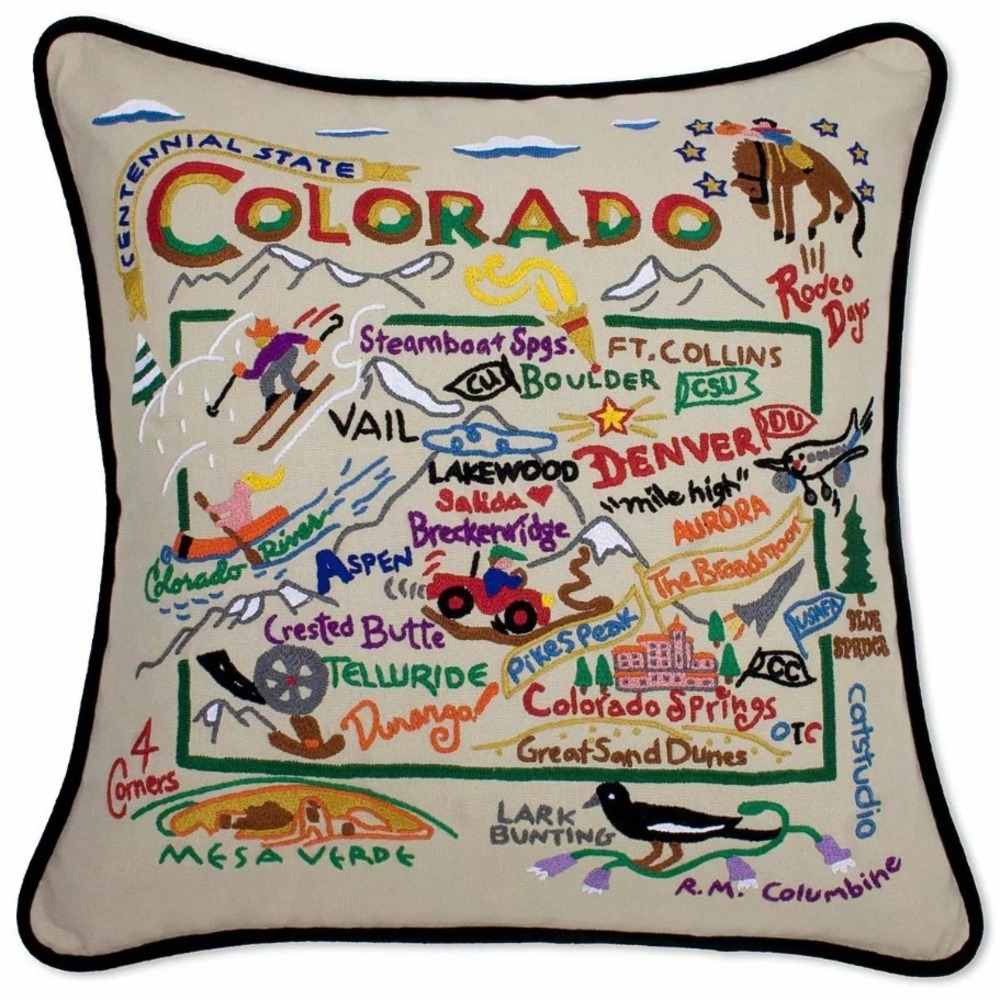 Catstudio Colorado Hand Embroidered State Pillows 18" Map Black Trim Piping